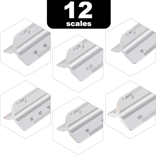 6 Pcs Triangular Ruler Set 12 Inch Engineering Scale Aluminum Architect Drafting Ruler Metal Protractor Arquitectura Accessories for Students Draftsman Engineers Metric