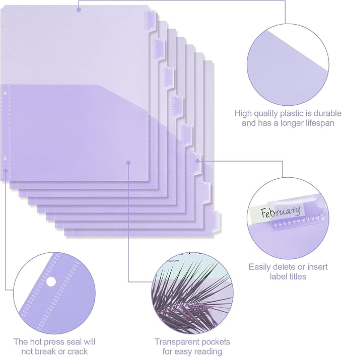 Koqye Binder Dividers with Pockets - 8 Plastic Dividers for 3 Ring Binders - A4 Bividers with Pocket & Tabs for Planners (Purple - 1 Pack)