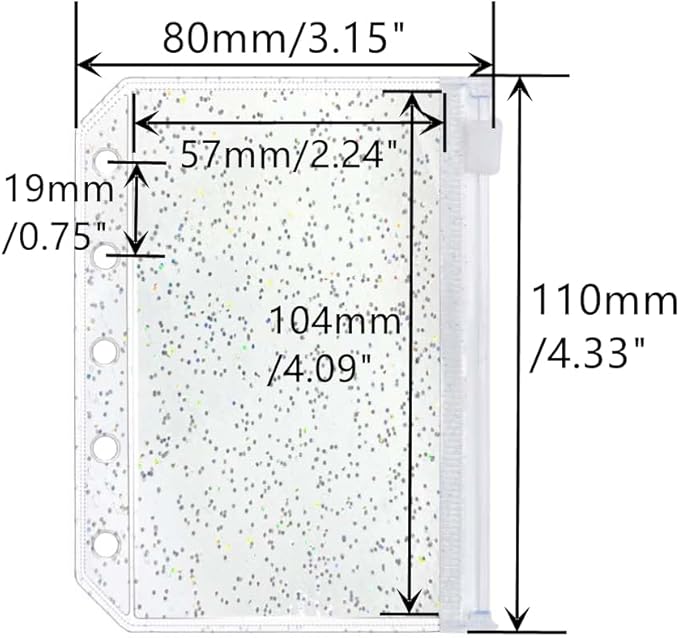 10pcs A8 Cash Stuffing Envelopes Zipper Binder Pockets Clear Glitter PVC 5 Hole Zip Sleeves Loose Leaf Pouches for 5 Ring Binder Planner (A8 3.15" x 4.33")