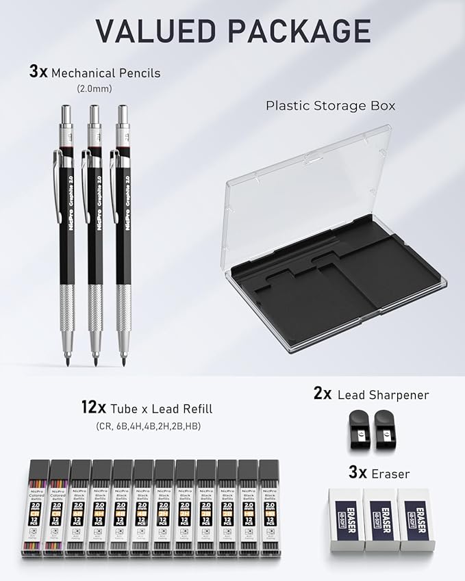 Nicpro 2mm Metal Mechanical Pencil Set with Case, 3PCS Lead Pencil Holder 2.0 mm with 144PCS Lead Refills (4H 2H HB 2B 4B 6B Color), Eraser, Sharpener for Drafting Writing Drawing Sketching