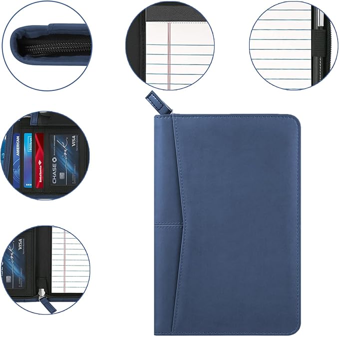 Small Portfolio Organizer, A5 Zippered Business Portfolio, Junior Padfolio Folder Binder for Women & Men, 5 x 8 Writing Pad Included, Navy Blue