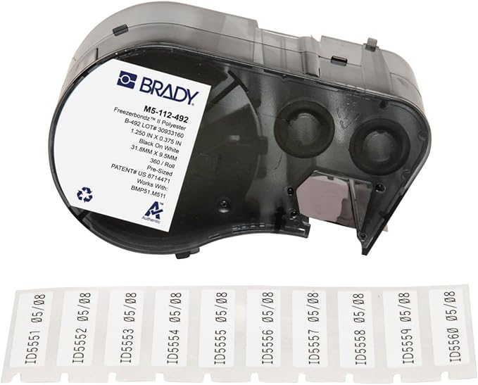 Brady Authentic (M5-112-492) FreezerBondz™ Ultra-Thin Cryogenic Polyester Labels 0.375" H x 1.25" W Black on White, 360 Labels. for use with The BMP51 and M511 Label Printers
