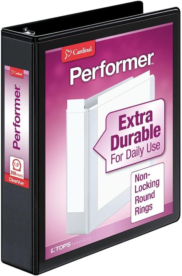 Cardinal 3 Ring Binder, Durable 1.5 Inch Performer ClearVue Binder, Round Rings, 350-Sheet Capacity, Customizable ClearVue Covers, PVC-Free, Black (67325) (Pack of 12)