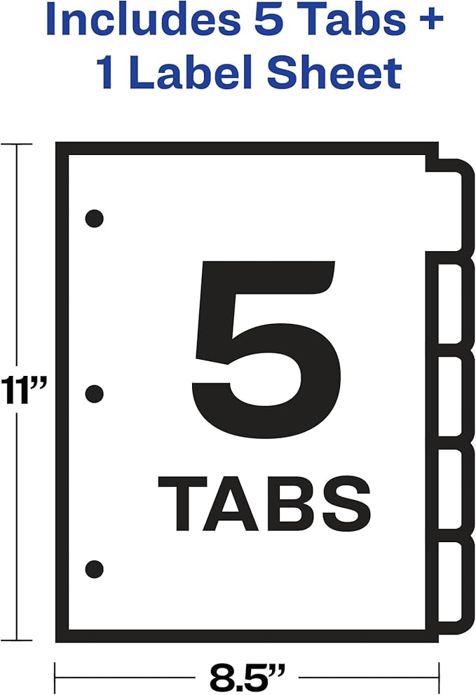 Avery 5 Tab Plastic Dividers for 3 Ring Binder, Easy Print & Apply Clear Label Strip, Index Maker Customizable Frosted White Tabs, 1 Set (11449)