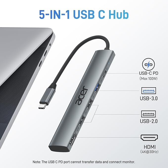 Acer 5 in 1 USB C Hub Bundle with USB C to Ethernet Adapter