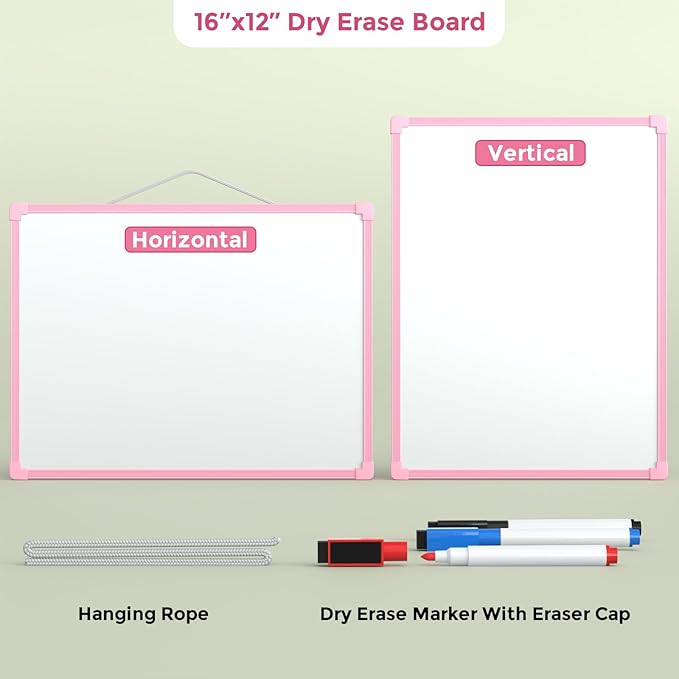 MaxGear Double-Sided Dry Erase Board for Wall, 16"x12" Hanging Whiteboard, Small Dry Erase White Board, Portable Whiteboard for Planning, Drawing, Memo, to Do List, Pink Frame