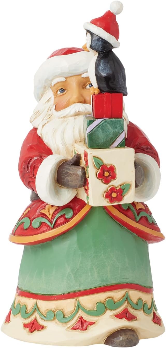 Enesco Jim Shore Heartwood Creek Santa with Presents and a Penguin Pint-Sized Figurine- Resin Hand Crafted Collectible Santa Mini Figurines Christmas Home Decor Holiday Shelf Statue, 6.06 Inch