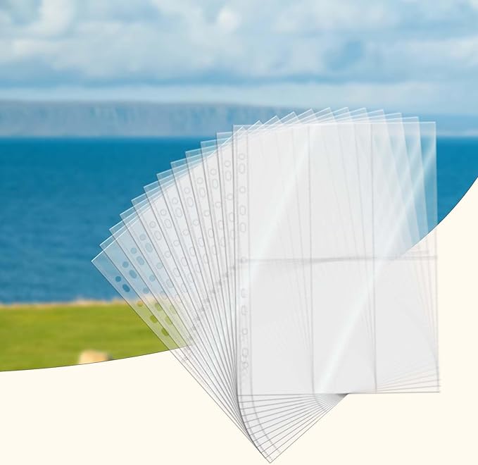 NatSumeBasics 20 A4 Binder 6 Pocket 2.5" X 6" Sheet Protectors Clear Binder Sleeves for A4 Binder Notebook Folder Cash Money Organizer (6 Pocket)