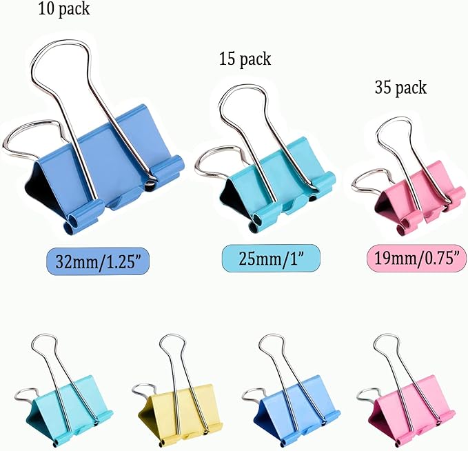 60pcs Colored Binder Clips Paper Clamps Assorted Size Small, Medium, Large Binder Paper Clips