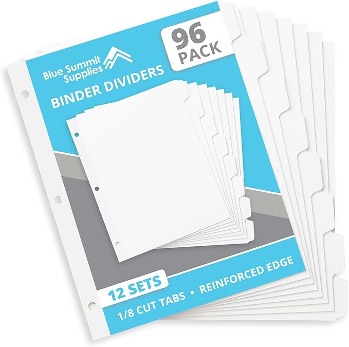 Blue Summit 3 Ring Binder Dividers with Tabs, Reinforced Edge, 1/8 Cut, Letter Size, 8 Tab Dividers for 3 Ring Binder Bulk, White, 12 Sets, 96 Pack