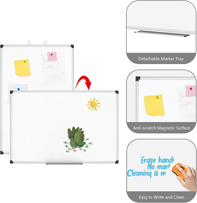 XBoard Magnetic Dry Erase Board 36 x 24 Inch, 3' x 2' White Board for Wall | Silver Aluminum Frame Presentation Board for Home Office Classroom (Pack of 2)