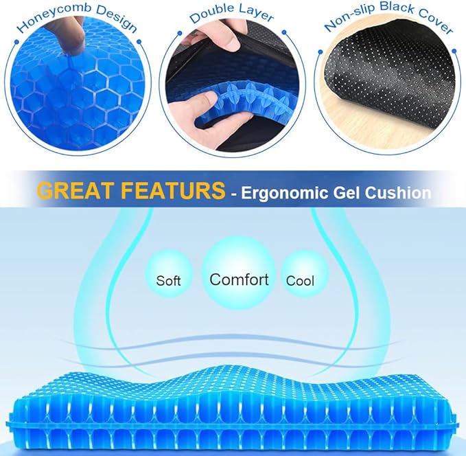 Gel Seat Cushion, Jumbo&Thick Gel Cushion with Non-Slip Cover for Home Office Car Seat Wheelchair, Soft Breathable Honeycomb Chair Pads for Relieve Hip Pain, Blue 20x20x1.9inch