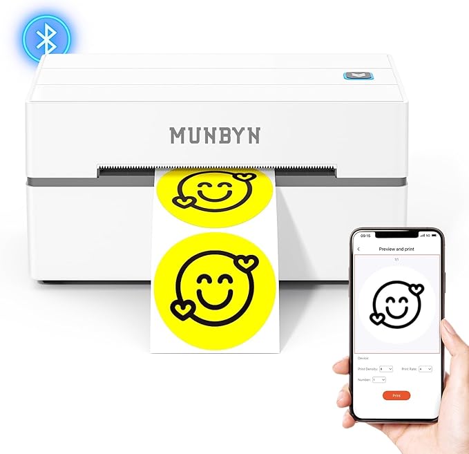 MUNBYN 130B Bluetooth Thermal Label Printer+Thermal Direct Shipping Label (Pack of 500 4x6 Per Roll Labels)+White Label Holder
