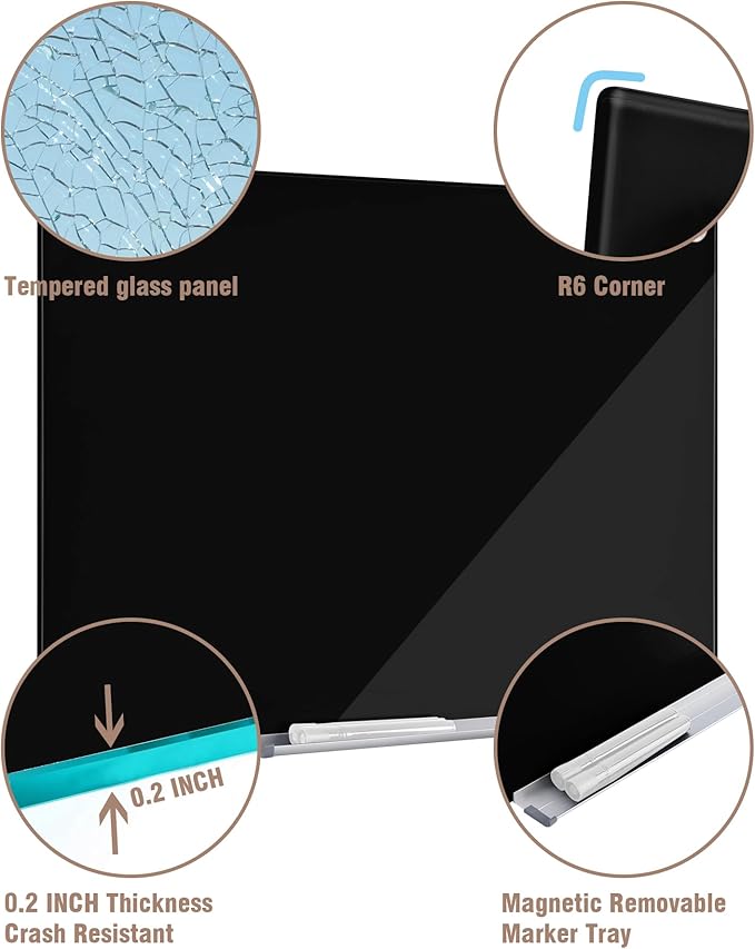 Mifuro Magnetic Glass Whiteboard，96"x48" Wall Mounted Frameless Dry Erase Board for Office, Home & School Black