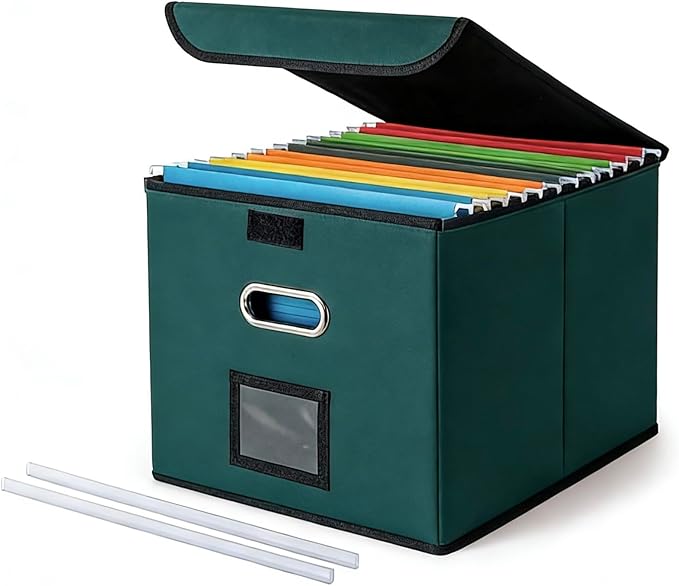 CADONO File Organizer Box with Lid, Collapsible File Folder Organizer with Plastic Slide, Hanging File Folder Box for Office Document Storage