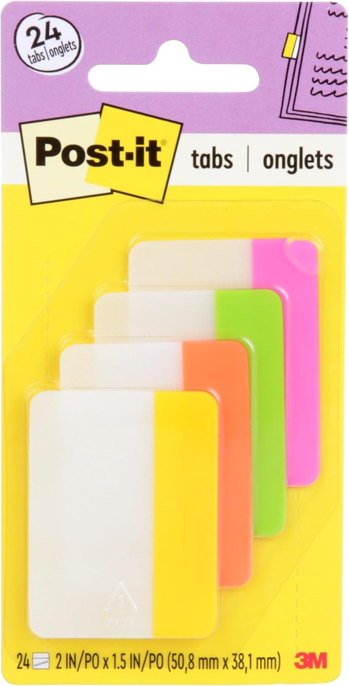 Post-it Dividing Tabs, 2 in. x 1.5 in. (50.8 mm x 38 mm), Durable, Writable & Repositionable for File Folders/Binders, Solid Assorted Bright Colors, 6-Pack (144 Tabs Total)