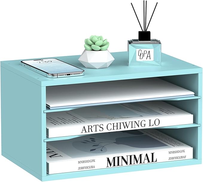 SUPEASY Wood Desk Organizer, 3 Tier Paper File Organizer for Desk, Wooden Desktop Organizer, Paper Letter Literature Mail Sorter, for Office School & Home Organization, Blue