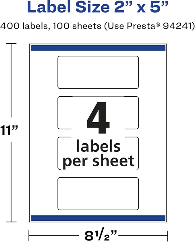 Avery Glossy White Rectangle Labels, Sure Feed Technology, 2" x 5", 400 Glossy White Labels, Print-to-The-Edge, Permanent Adhesive, Laser/Inkjet Printable
