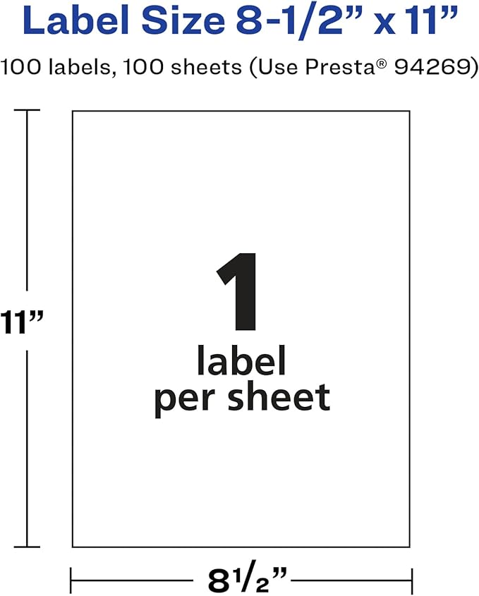 Avery Glossy White Rectangle Labels, 8.5" x 11", 100 Glossy White Labels, Permanent Adhesive, Laser/Inkjet Printable