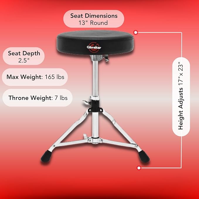 Gibraltar Drum Seat Throne, 13” Round Vinyl Seat, Adjustable Height, Cushioned Top with Memory Lock, Single-Braced Collapsible Tripod for Portability (5608)