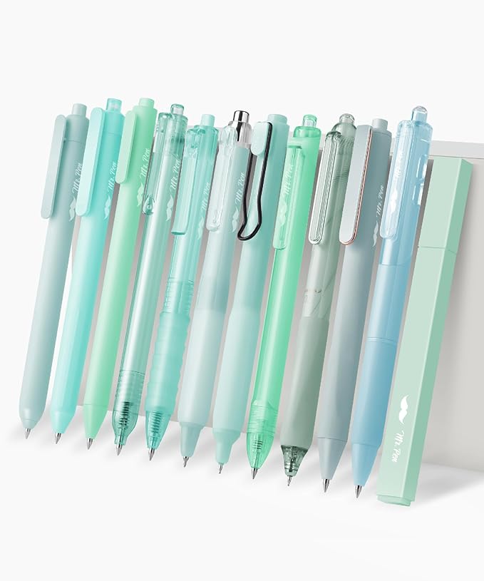 Mr. Pen- Gel Pen Set, 12 Pack, Pastel Green Barrels, 1 x Aesthetic Highlighter, 0.5mm Green Pens Black Ink