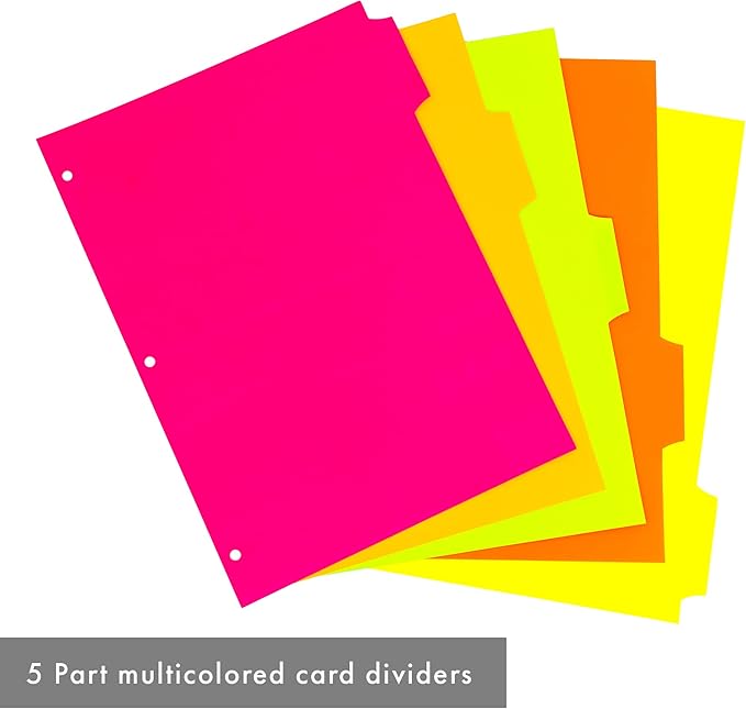 Pukka Pad, 5 Dividers, Binder Notebook File Page Separators, 1 Pack of 5 Tab Set, 8 ½ x 11 in. Neon Colors