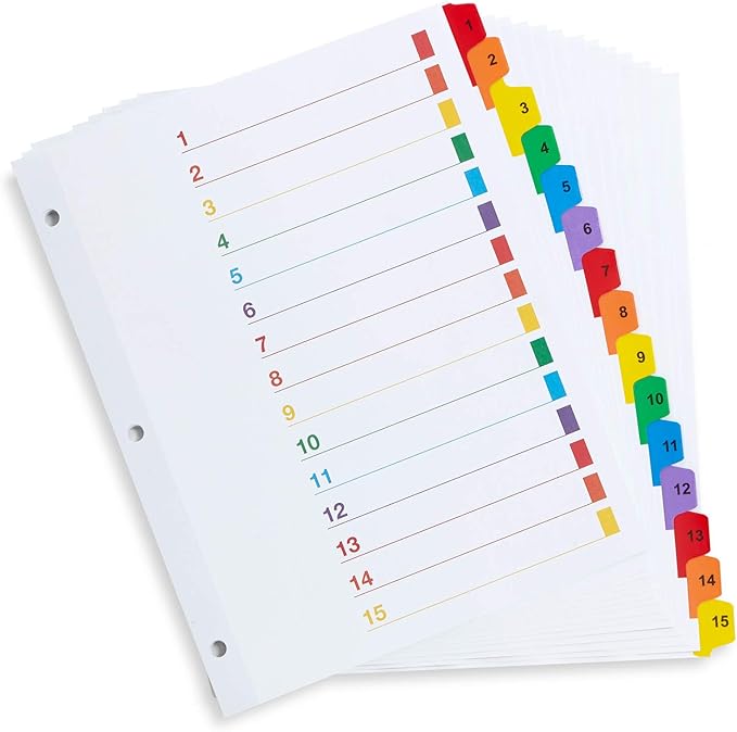 Blue Summit Supplies 15 Tab Binder Dividers for 3 Ring Binder or Notebook, Subject Dividers with Multicolor Numbered Tabs, Includes Customizable Table of Contents Index, 3 Sets