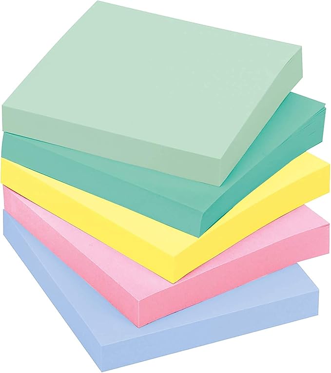 Sticky Notes 3x3 Inches Soft Pastel Self-Stick Note Pads for Office School and Home Organization 5 Pads 500 Sheets Vibrant and Versatile Notes