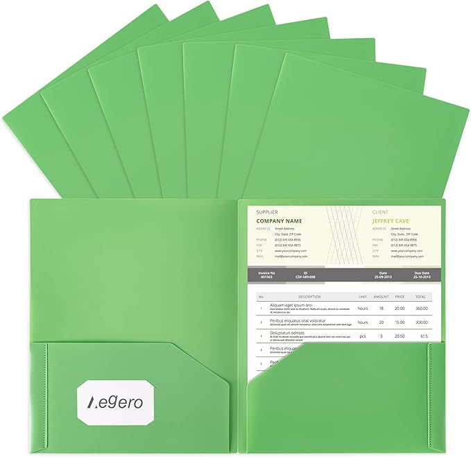 Plastic Folders with Pockets (7 Pack, Green), Durable Heavy Duty File Folders with Business Card Slot, 2-Pocket Folder for Schoolwork & Office,Letter Size