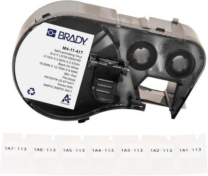 Brady Authentic (M4-11-427) Self-Laminating Vinyl Wrap Around Labels 0.75" H x 0.5" W Black on White, Clear, 360 Labels. for use with The BMP41, BMP51, and M511 Label Printers