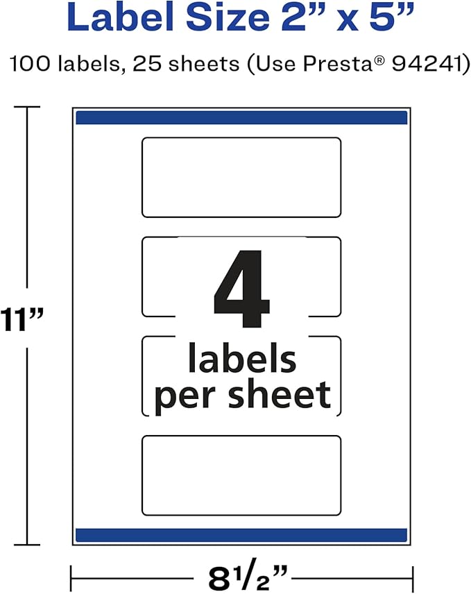 Avery Glossy White Rectangle Labels, Sure Feed Technology, 2" x 5", 100 Glossy White Labels, Print-to-The-Edge, Permanent Adhesive, Laser/Inkjet Printable