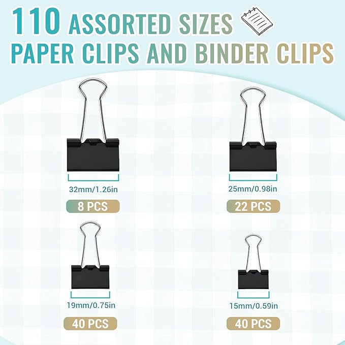 110PCS Black Binder Clips Assorted Sizes,4 Sizes Large Medium Small Mini Paper Clamps Set, Office Supplies Desk,Cute Office Paper Clips for Home School Office Supplies Organizing (Black)