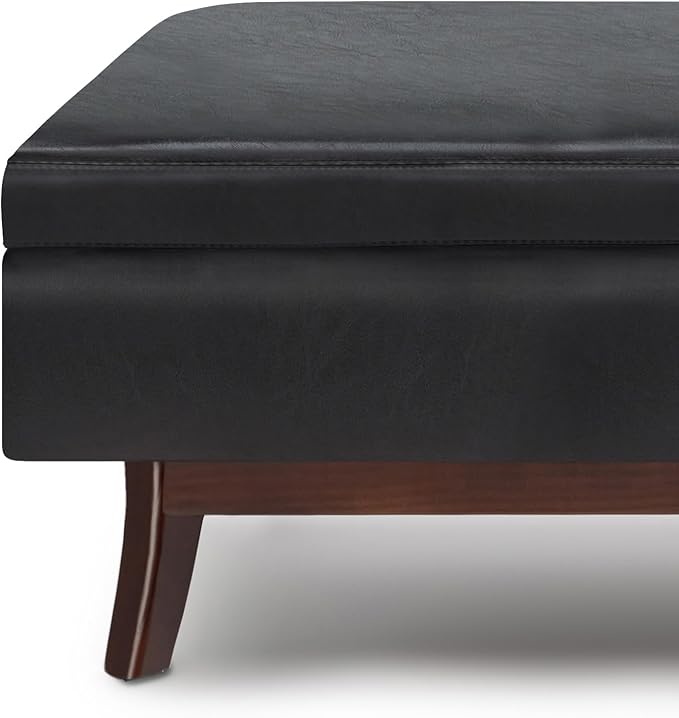 SIMPLIHOME Owen Rectangular Storage Ottoman - 48 inch Wide Upholstered Vegan Leather Lift-Top Ottoman in Midnight Black, Mid-Century Modern Ottoman for Living Room with Tufted Detail