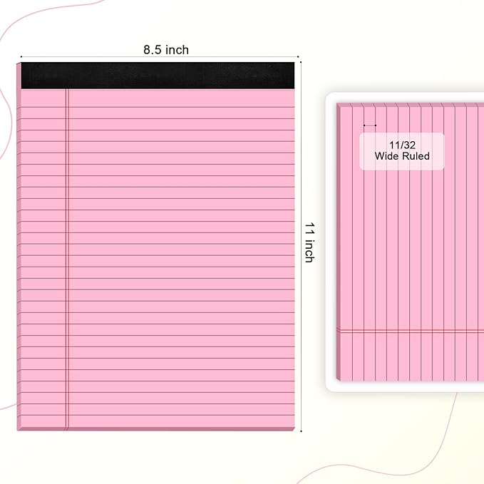Colored Legal Pads 8.5 x 11 Wide Ruled, Note Pads Sturdy Back Writing Pads 30 Sheets/Pad, 20lb Colored Paper, Perforated Notepad with Sturdy Back (6 Pads)