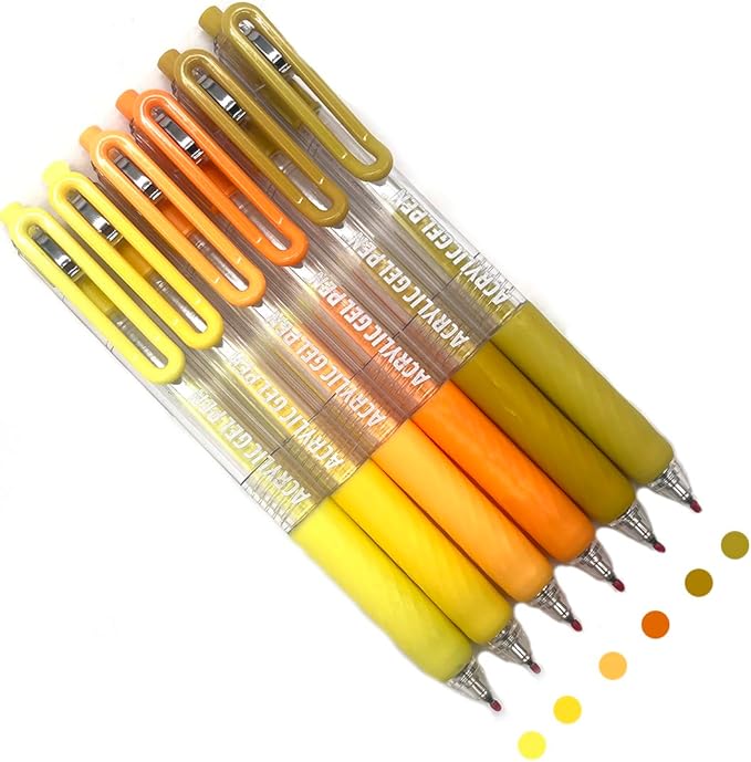 6 Pcs Acrylic Gel Pens 0.7mm Quick Dry Colorful Fine Point Smooth Writing Ballpoint for Adult Coloring, Art Supplier, Drawing, Journaling, Note Taking, Warm Yellow Set