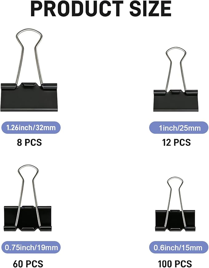 180 Pack All Black Binder Clips Bulk, 4 Size Assortment Includes Large, Medium, Small, Mini Metal Clips (1.26”, 1”, 0.75”, 0.6”), Heavy-Duty Metal Paper Clamps for Office & School Supplies