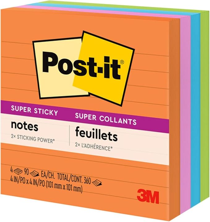 Post-it Super Sticky Lined Notes, 4 Sticky Note Pads, 4 x 4 in., Ideal for Organization in Your Dorm, Home or Office, Energy Boost Collection