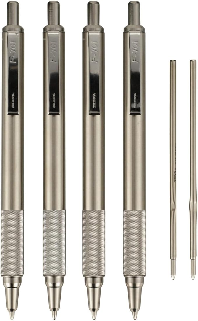 Zebra Pen F-701 Ballpoint Black Ink Fine Point 0.8mm Pen, Heavy Duty, Durable Stainless Steel Barrel, Knurled Grip, Silent Retractable Plunger, Ideal for Tactical Use, 4-Pack Plus 2 Refills (50113)