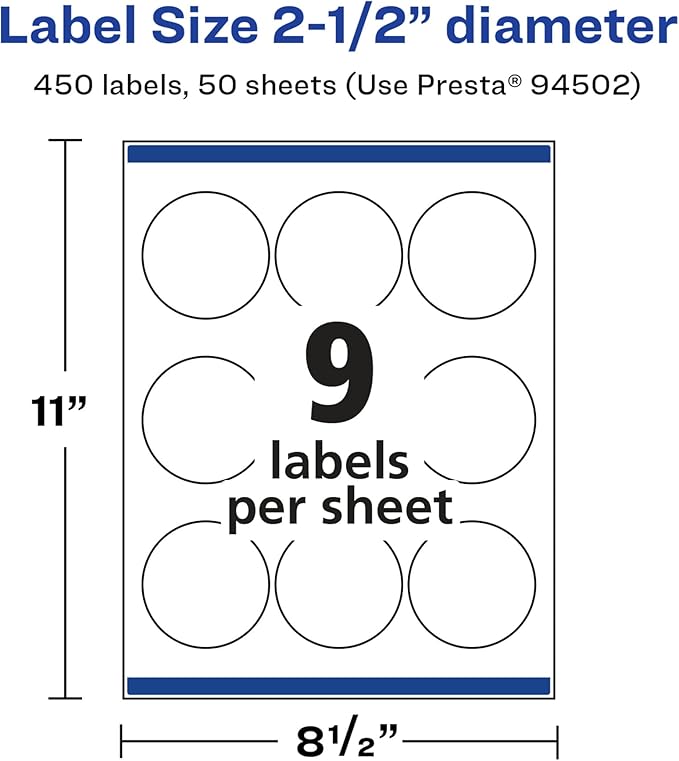 Avery Glossy White Round Labels, Sure Feed Technology, 2.5" Diameter, 450 Glossy White Labels, Print-to-The-Edge, Permanent Adhesive, Laser/Inkjet Printable