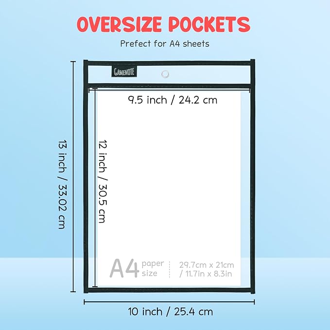 Gamenote Dry Erase Pockets 30 Pack with Rings, Oversized Reusable Plastic Sleeves Shop Ticket Holders Sheet Protectors Teacher Supplies Organization for Classroom Must Have (Black)