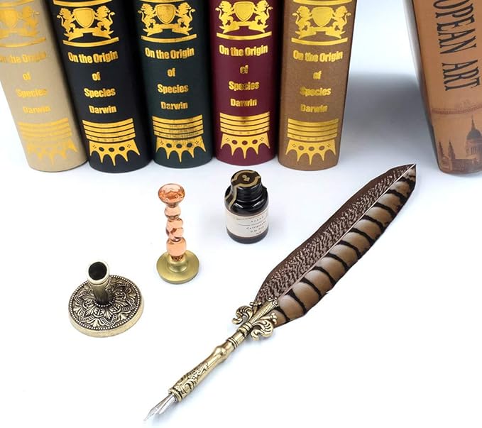GC QUILL Antique Quill Pen Unique Half-Patterned Feather Pen Set with 6 Nibs 1 Bottle of Ink 1 Seal Stamp 1 Pen Holder 1 Sealing Wax LL-149