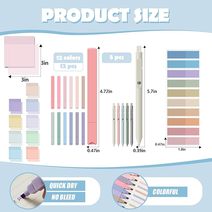Jutom 39 Pcs Aesthetic Book Annotation Kit Highlighter with Pencil Case Bag Gel Pen Transparent Sticky Note Taking Bible Study College School Supplies(Mint Green,Cute Style)