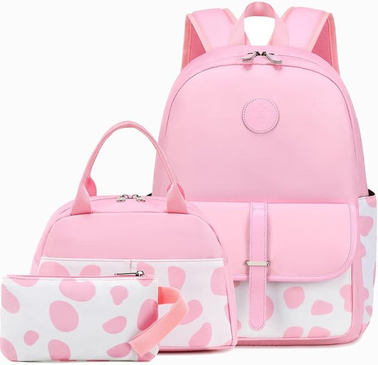 School Backpack for Girls Teens Bookbag with Lunch Box Set Kids Backpack Elementary Middle School Bag Daypack, Pink Cow