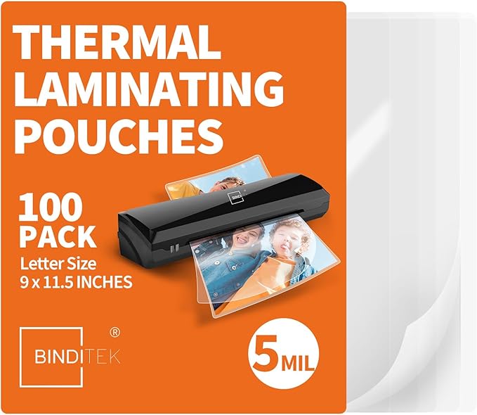 Binditek Laminating Sheets 5 Mil, Universal Fit for All Thermal Laminators, 100 Pack Thermal Laminating Pouches, Letter Size 8.5 x 11 in, Clear Glossy