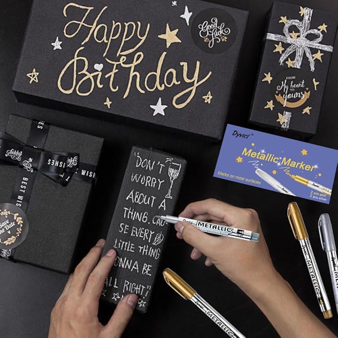 Dyvicl Metallic Markers Pens - Silver and Gold Paint Pens for Black Paper, Glass, Rock Painting, Halloween Pumpkin, Card Making, Scrapbook Album, Christmas DIY Art Craft Kid, Set of 8