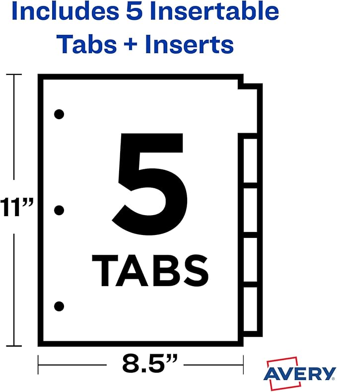 Avery Dividers for 3 Ring Binders, 5-Tab Plastic Binder Dividers, Insertable Big Tabs, Multicolor, 1 Set (11900)