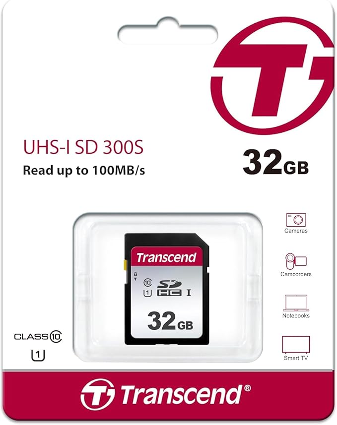 Transcend SDC300S 32GB SDHC Memory Card, Up to 100MB/s, UHS-I U1, Full HD, Class 10 High-Speed SD Card for Canon, Nikon, Sony, Pentax, Kodak, Olympus, Panasonic Digital Cameras