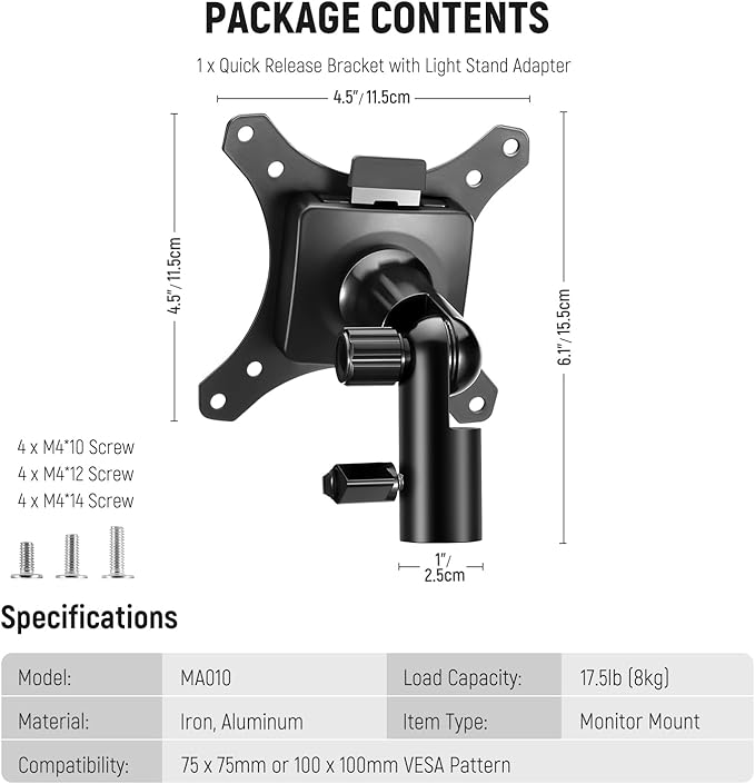 NEEWER Monitor Mount Adapter with Quick Release VESA Mount, 270° Adjustable Metal 5/8" C Stand Light Stand Adapter for Impact Screen Outdoor TV up to 17-32", Max Load 17.5lb/8kg, MA010