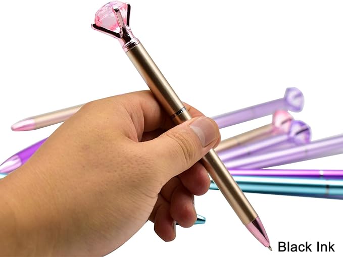 Maydahui 12 PCS Big Diamond Retractable Ballpoint Pen with 12 PCS Pen Refills Gem Pens Rhinestones Crystal Bling Plated Metal Color Black Gel Ink Ballpen for Women Students Girls