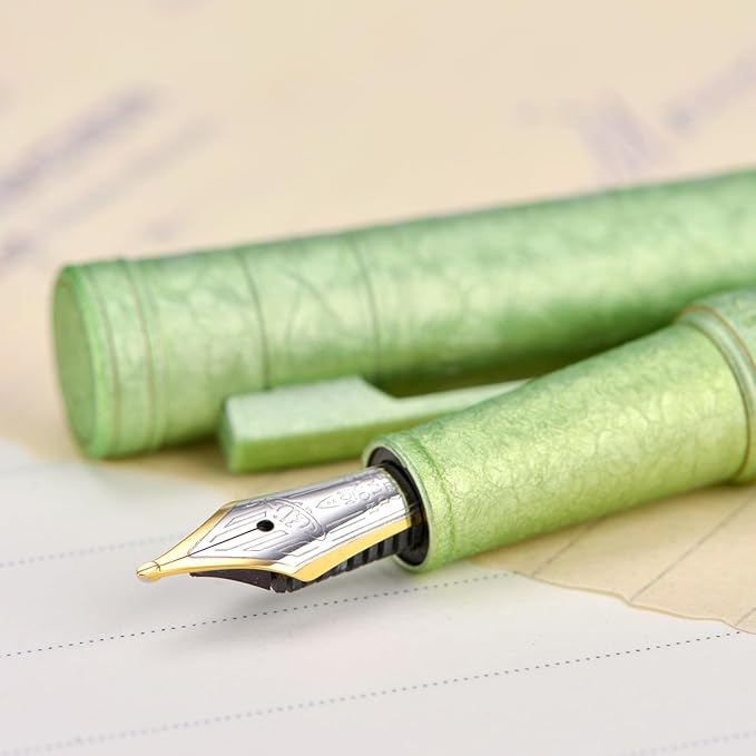 Hongdian 1851 Forest Fountain Pen Applegreen Ice Flowers, Blade Nib Classic Design Calligraphy Pen with Converter and Metal Pen Case